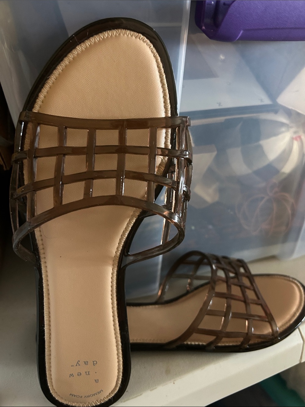 a new day Brown Clear Cage Slide Sandals